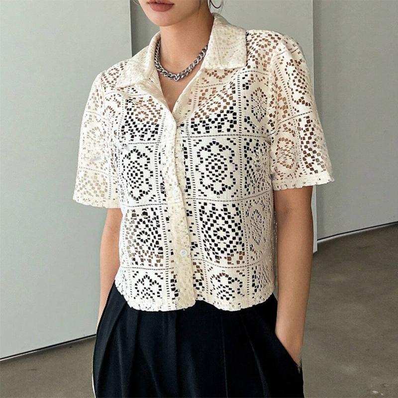 

ZANZEA Женская летняя повседневная блузка с коротким рукавом с ажурным узором L бежевый