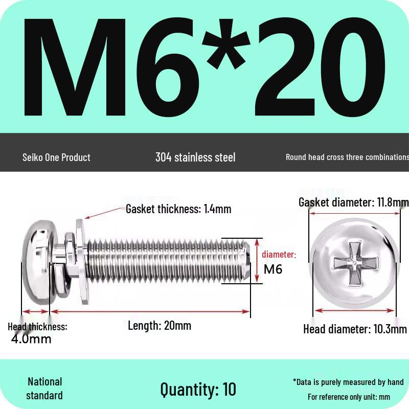 304 Stainless Steel Phillips Round Head Screw with Flat Washer M3/M4/M5/M6
