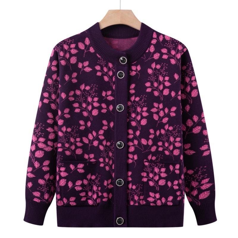 Middle-aged Elderly Spring and Autumn Knitted Sweater Jacket Female Mother Sweater Cardigan Grandmother Sweater Elderly Woman Clothes