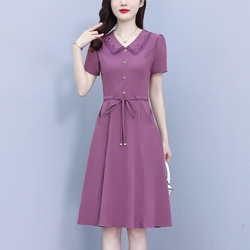 

Шикарное летнее платье с короткими рукавами и облегающего кроя для женщин - средней длины, скрывающее живот, в стиле богини XL темно-фиолетового