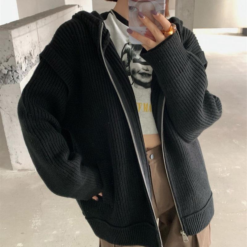 Automne Vent Paresseux Ample Grande Version du Sens du Design Veste Pull à Capuche Zippée Cardigan Tricoté Femme