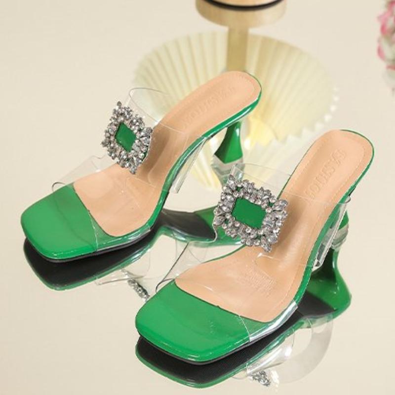 

Сексуальные женские тапочки из ПВХ с серебряными блестками и стразами, необычные сандалии на высоком каблуке с квадратным носком, летняя модная обувь для вечеринок