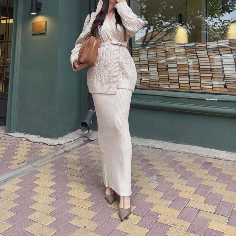Hollow Cardigan Loose Knitted Sweater Jacket Cross-border European and American Women's Clothing Lace-up Skirt Fashion Casual Suit