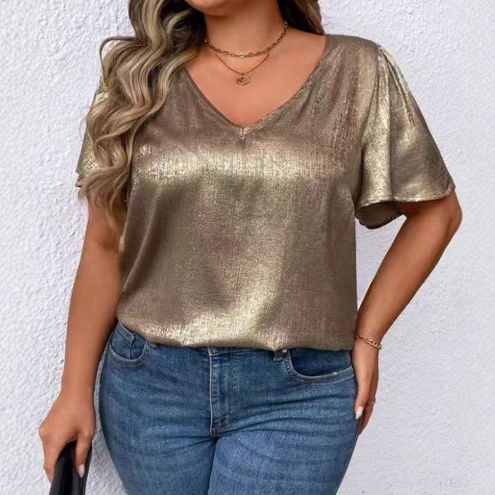 T-shirt Manches Courtes Uni Col en V Coupe Ample pour Femme Printemps/Été 2026