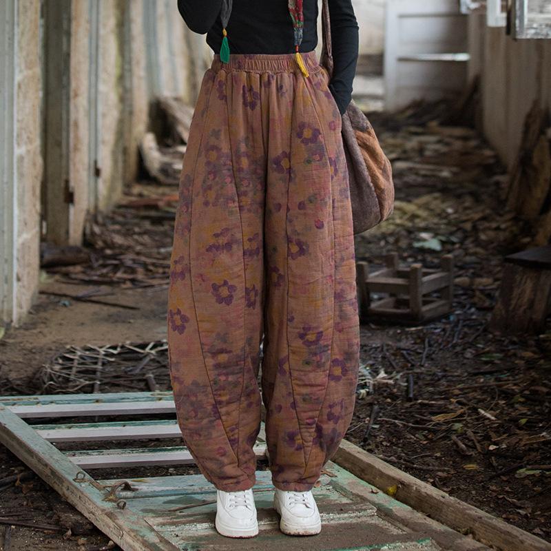 Johnature Women Vintage Print Floral Winter Pants Elastic Waist Pockets Trousers Warm Bloomers Pants
