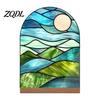Artistic Tabletop Accents Stained Glass Style Acrylic Table Centerpieces, Floral & Landscape Pattern Exquisite Room Decor Sign with Wood Base for Home