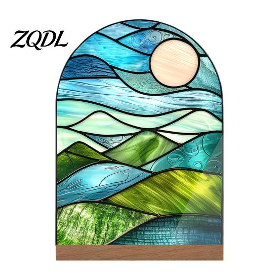 Artistic Tabletop Accents Stained Glass Style Acrylic Table Centerpieces, Floral & Landscape Pattern Exquisite Room Decor Sign with Wood Base for Home