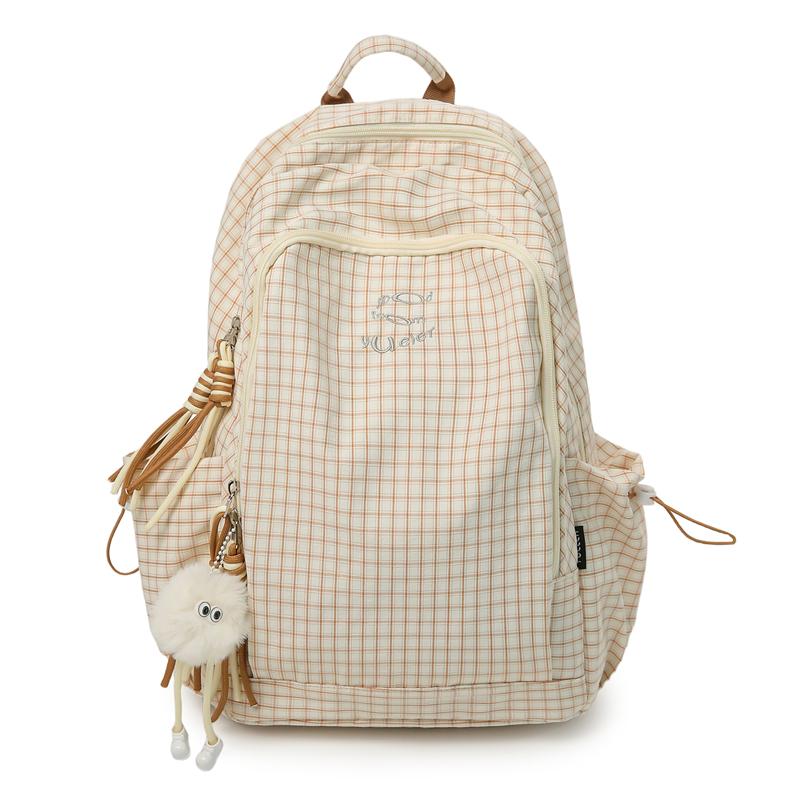 Karierter Rucksack, großes Fassungsvermögen, Schulrucksack für Damen, leichter Rucksack im College-Stil beige
