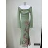 2025 Summer New C * Der Original Order Green Flower-De-Luce Backless Yarn Temperament Waist Hugging Dress