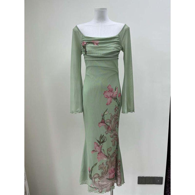 2025 Summer New C * Der Original Order Green Flower-De-Luce Backless Yarn Temperament Waist Hugging Dress