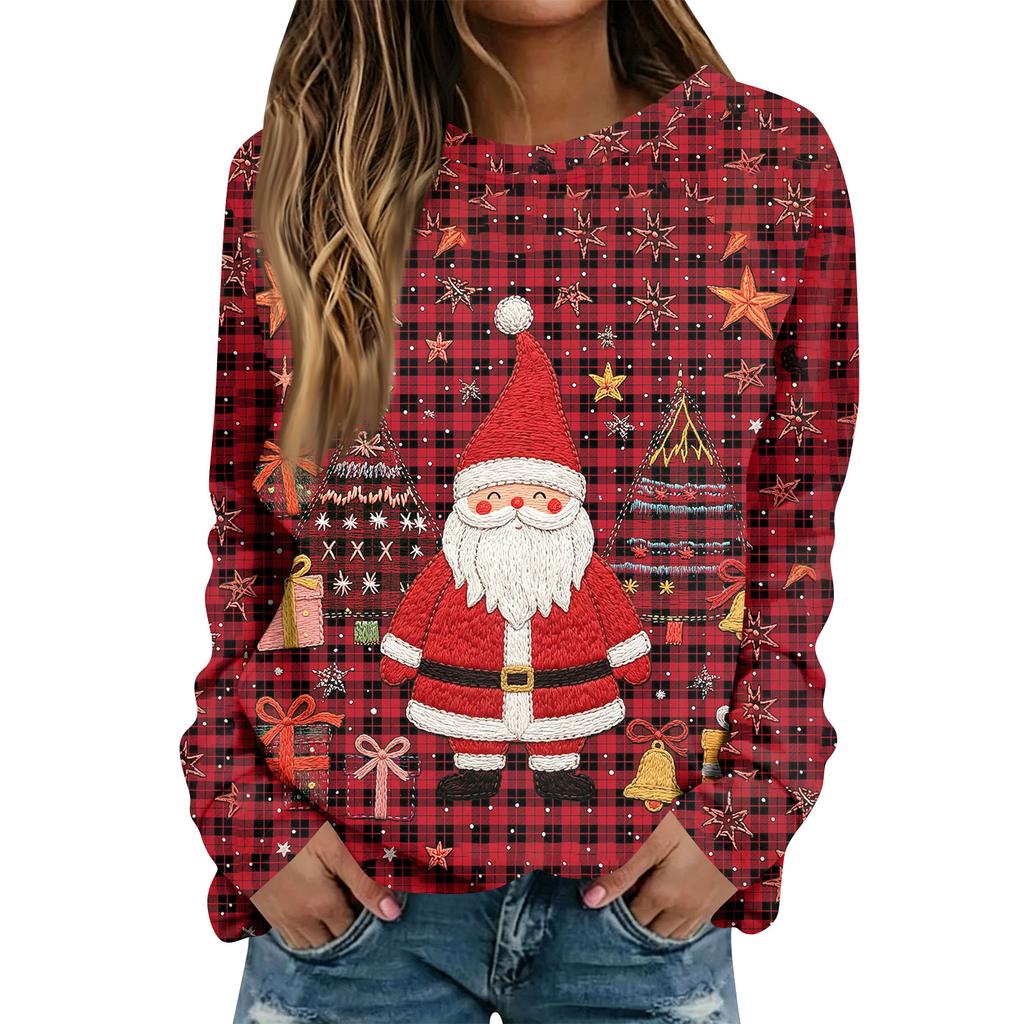 Women's Casual Long Sleeve Christmas Print Crewneck Top for Holiday Everyday Wear