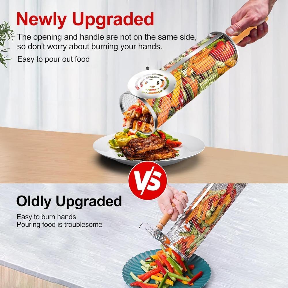 Nesting Grill Baskets 304 Stainless Steel Rolling Grilling Net Removable Wooden Handle BBQ Accessories Tools