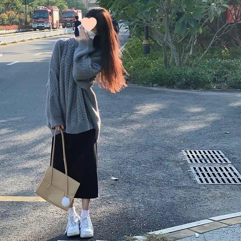 Autumn Spring Age-Defying Salt-tone Hong Kong Loose Knit Sweater & Midi Skirt Set