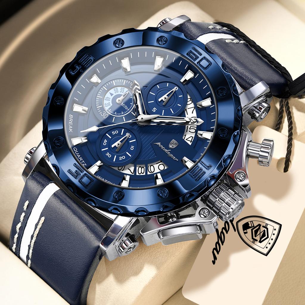 POEDAGAR Sportuhren für Herren Wasserdicht Leuchtend Datum Uhr Chronograph Leder Quarz Funktionell Armbanduhr Reloj