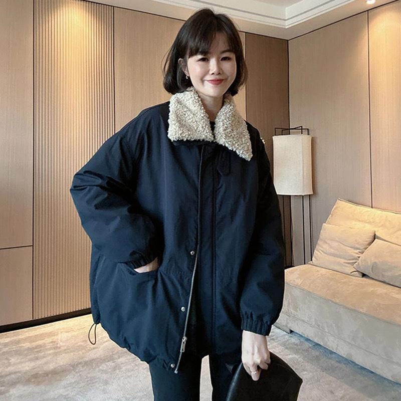 

Lamb wool lapel Parker down cotton clothes women s 2025 autumn and winter new casual loose tooling thickened jacket XL Темно-синій