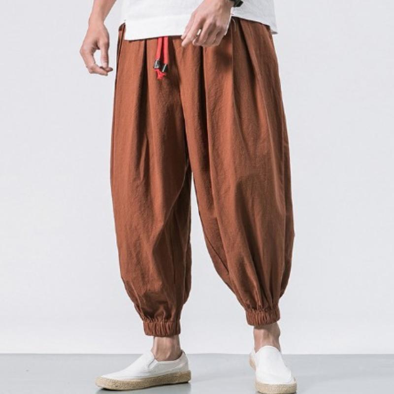 

Летние хлопковые льняные шаровары мужские однотонные уличные мужские джоггеры спортивные мешковатые брюки повседневные пляжные брюки 6XL темно-коричневого
