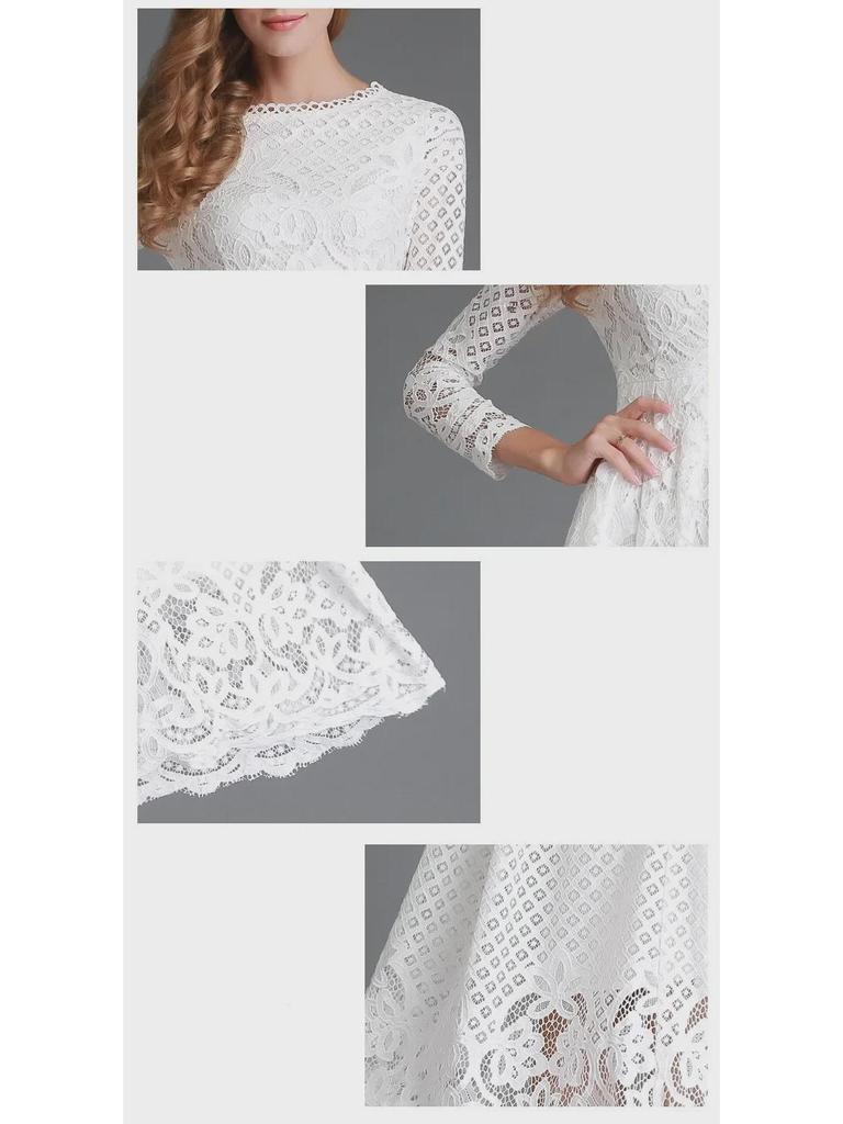 2025 Fall European & American Women's Lace Slim Midi Dress with Hollow Round Neck & Long Sleeves