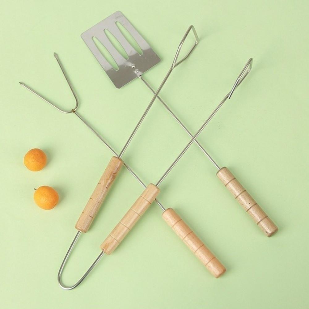 3Pcs Wood Long Handle BBQ Spatula Tongs Fork Set Heat Resistant Barbecue Utensils Grilling Picnic