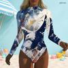 Women Plus Size Dark Blue High Neck Front Zip Long Sleeve Galaxy Printed One Piece Swimsuit