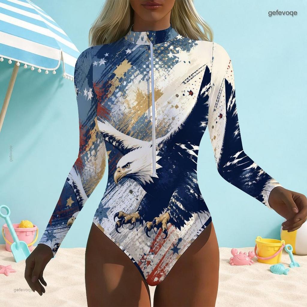 Women Plus Size Dark Blue High Neck Front Zip Long Sleeve Galaxy Printed One Piece Swimsuit