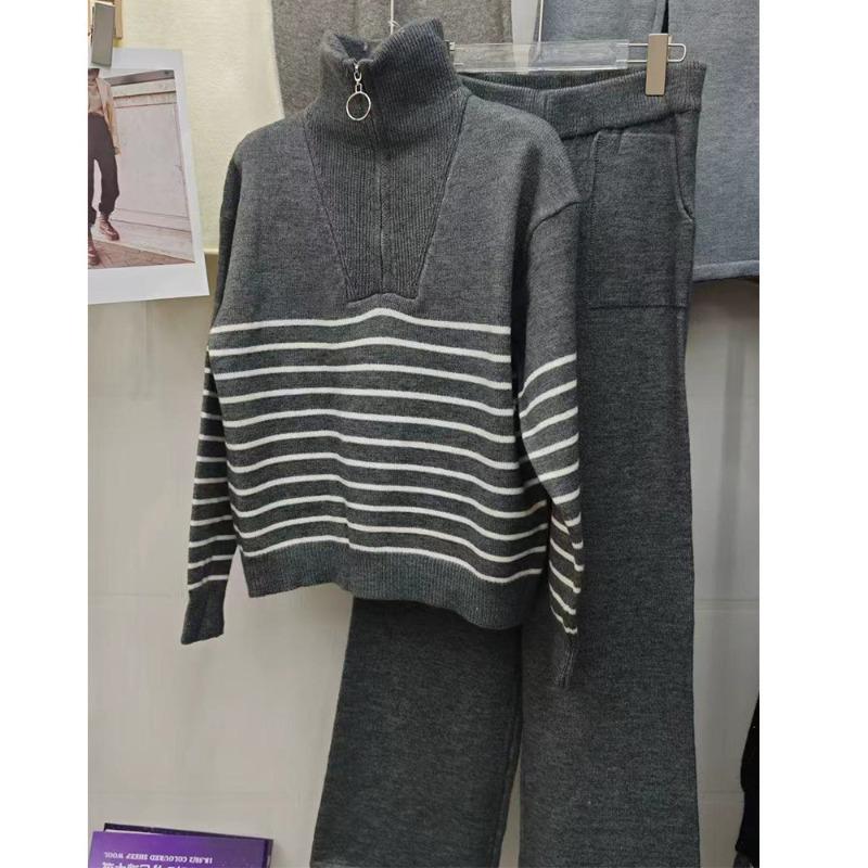 Lapel Half Zipper Striped Sweater Set Women's New Autumn and Winter Fashion Casual Wide-leg Pants Knitted Two-piece Set