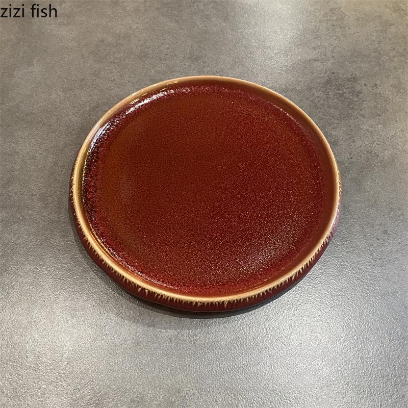 Red Ceramic Flat Plate Dining Plate Sushi Plates Pasta Dish Western Style Steak Plates Dessert Bowl Sting Disc Dim Sum Dish Tray