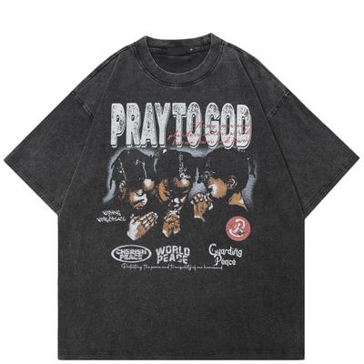 T-shirt Grafica Streetwear Prega Dio Cotone Lavato Nero T-shirt Unisex Top T-shirt Estiva Maniche Corte