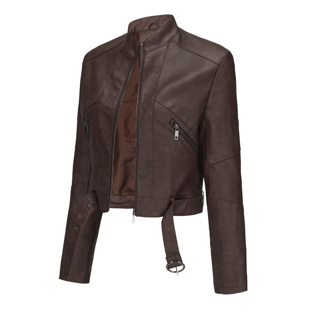New Women's Motorcycle Style Leather Jacket with Belt Long Sleeve Zipper Jacket Spring and Autumn Leather Jacket