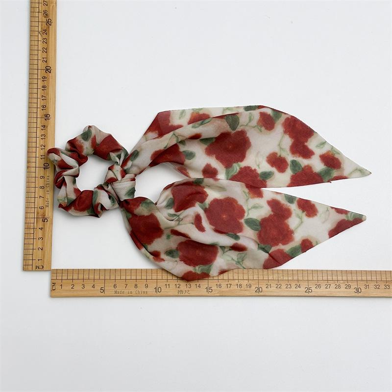 Artistic Oil Painting Style Ribbon Scrunchies Colorful Floral Print Hair Ties With Long Streamer Elegant Headwear For Art Lovers