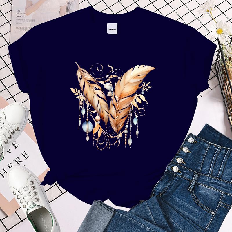 Feather Printed T-Shirts for Women Summer Short Sleeve Tee Shirts Round Neck Casual Summer Ladies Tops