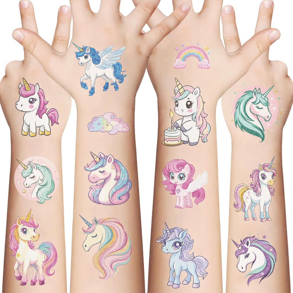 10/14 Blatt Glitzernde Einhorn Tattoo Aufkleber zur Personalisierung, Temporäre Tattoos für Kinder