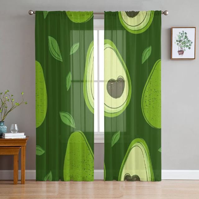 Avocado Green Cute Fruits Cartoon Tulle Curtains For Living Room Bedroom Decor Transparent Chiffon Sheer Voile Window Curtain