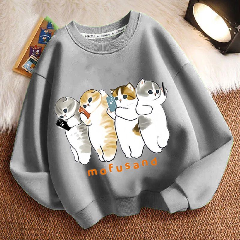 Cute Cat Round-neck Hoodie for Children, Fashionable Long-sleeved Casual Top for Boys and Girls In Spring and Autumn