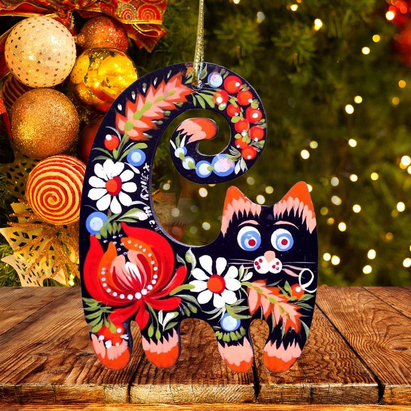 Enfeite de Natal de Gato de Madeira Pintado à Mão Enfeite de Natal de Gato Criativo de Madeira Fofo Enfeites de Natal Pintados à Mão Para Casa