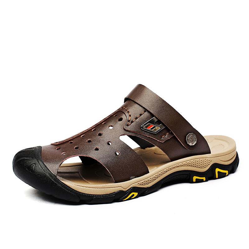 Comfy Summer Flats Hot Sale Mens Sandals Genuine Leather Beach Shoes Breathable Leisure Men Slippers Dual-Purpose Male Footwear