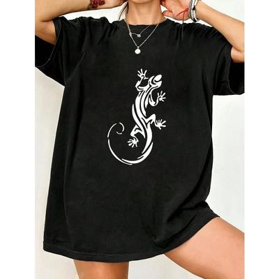Camiseta Oversize Estampado de Gecko Negro Ropa Casual Para Mujer Conjunto de Verano Estilo Callejero Moda Top