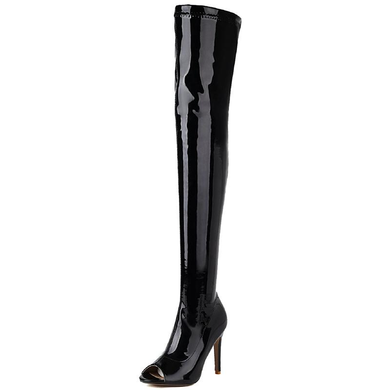 Bílé kozačky nad koleno Dámské Sexy Elastické Boty na Vysokém Podpatku Dámské Kozačky po Stehno Peep Toe Kožené Dlouhé Striptérské Boty Dámské
