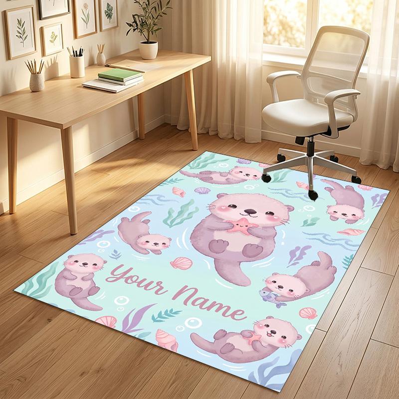 Ocean Otter Theme Soft Crystal Velvet Rug Custom Name & Text Print Non Slip Floor Rug for Bedroom Living Room