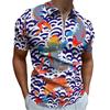 Zip-collar short-sleeve polo with artistic whale wave print, trendy casual wear.
