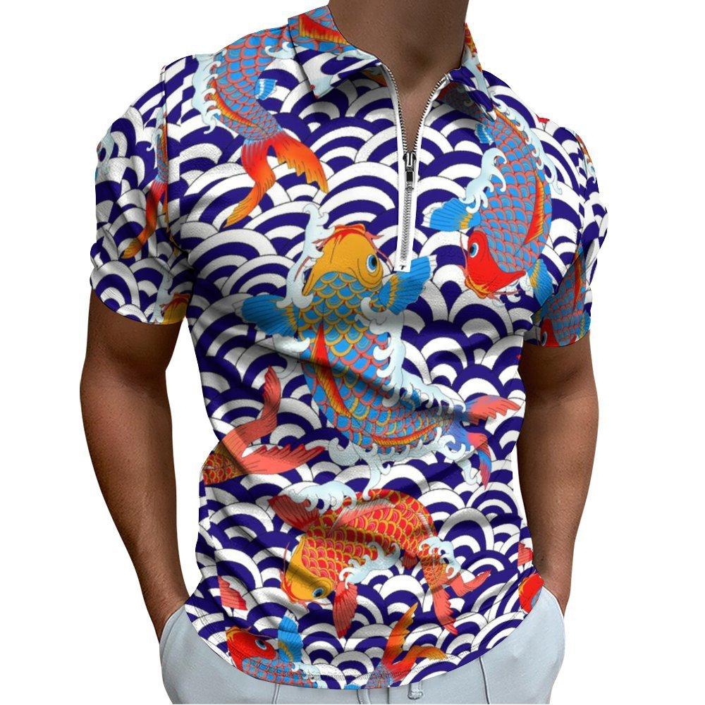 Zip-collar short-sleeve polo with artistic whale wave print, trendy casual wear.