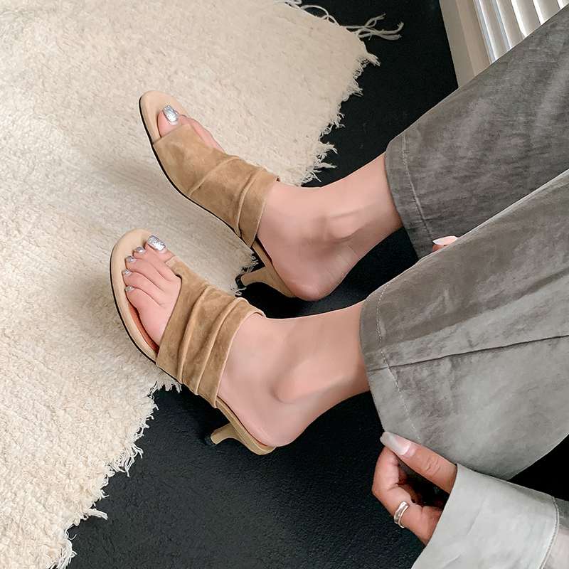 Krazing Pot Suede Mules Summer Size 40 Outside Slippers Flip Flops Stiletto High Heels Women Peep Toe Sandals