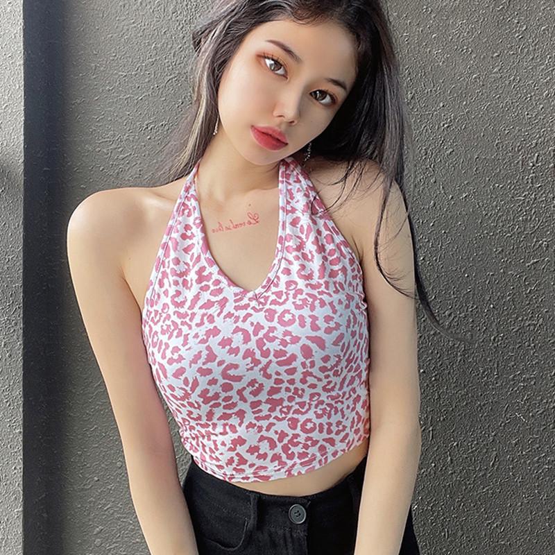 Leopard Print Retro Halter Neck Slimming Backless Camisole One Size серый
