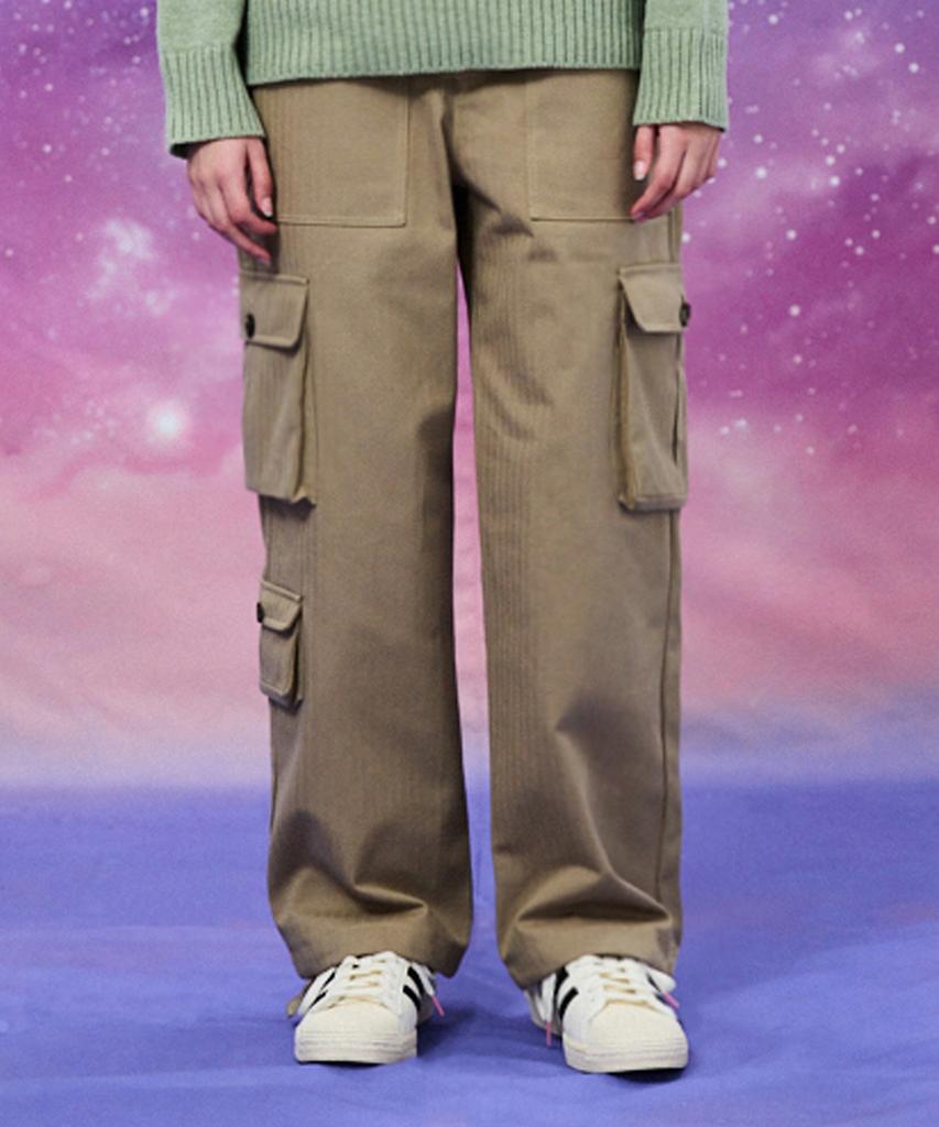 WAIKEI Multi-Pocket Cotton Cargo Elastic Waist Pants Beige