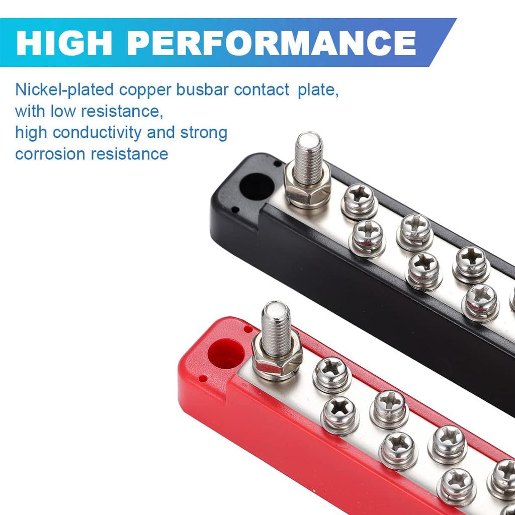 12V Power Distribution Block with 2x 1/4" (M6) Connector Bolts and 12x M4 (#8) Connection Screws Power Rail Connector Block Positive and Negative