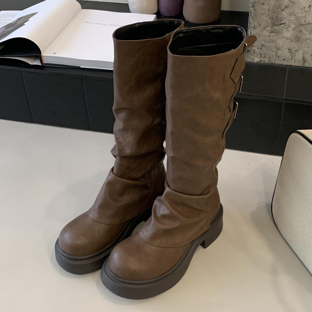 Eilyken Vintage Design Narrow Band Buckle Strap Women Knee-High Boots Fashion Round Toe Square Low Heels Shoes