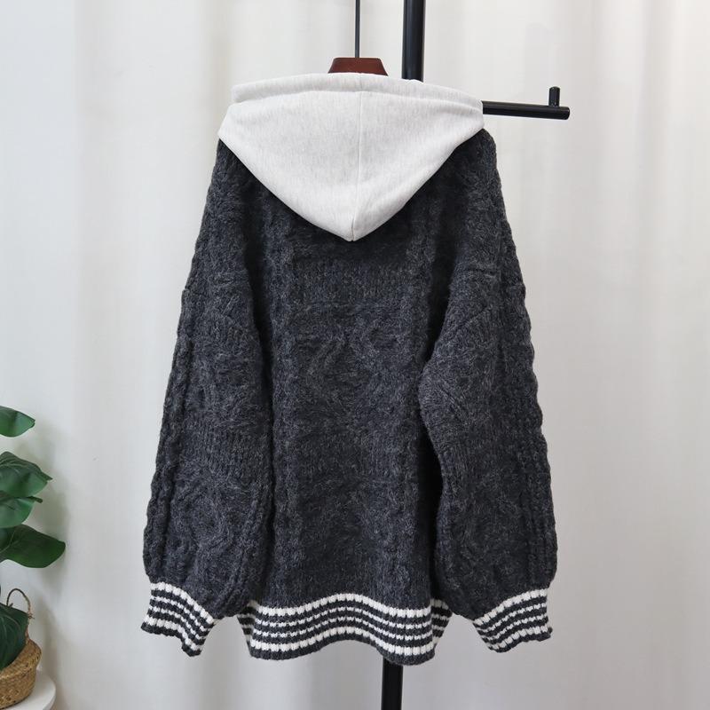 Autumn and Winter New Hooded Splicing Denim Zipper Knitted Cardigan Thickened Loose Design Sweater Jacket Women
