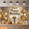 2D Gold Happy Birthday Backdrop, White Gold Balloon Gift Box Photography Background for Party