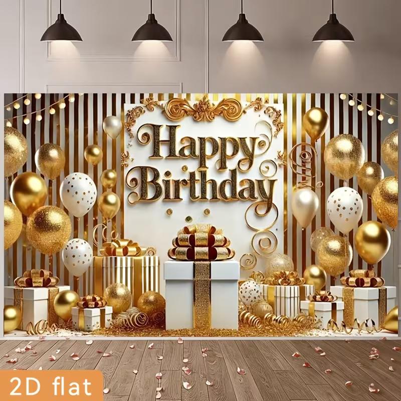 2D Gold Happy Birthday Backdrop, White Gold Balloon Gift Box Photography Background for Party