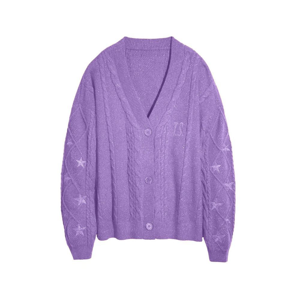Women's V Neck Cable Knit Cardigan Star Embroidery Loose Lazy Style Wool Sweater Coat