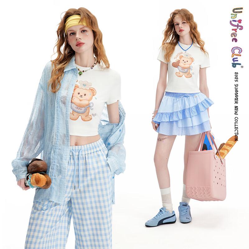 

UNIFREE Cute Bear Print Round Neck Short T-Shirt XL